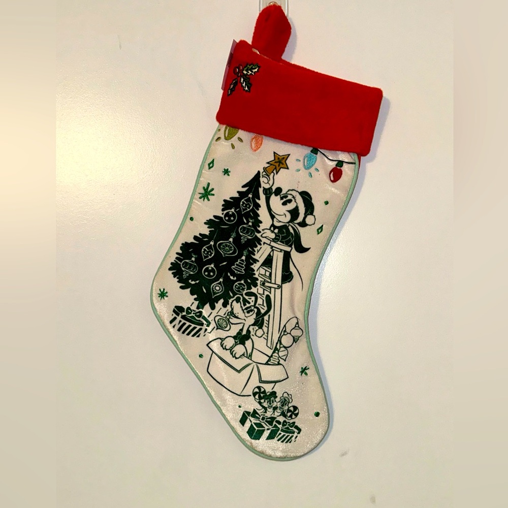 Christmas stocking Mickey Mouse, Pluto & chipmunks embroidered mistletoe & light